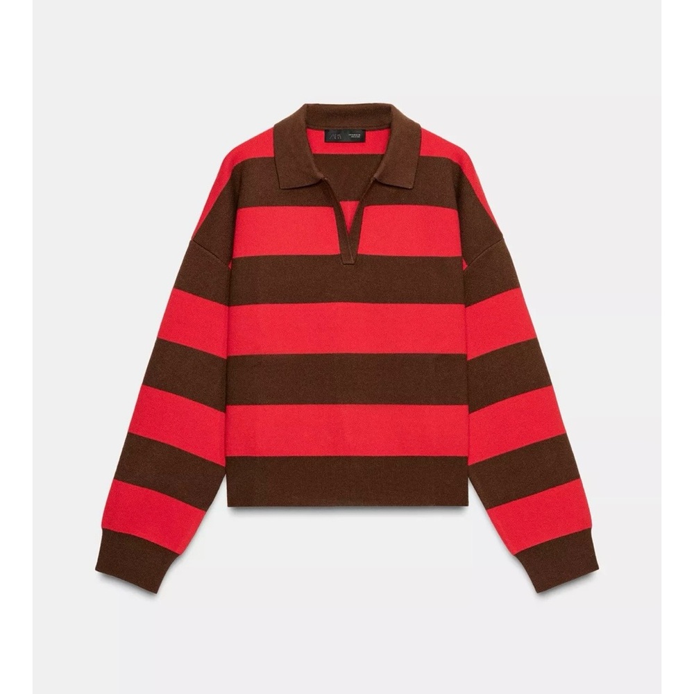 Striped Polo Sweater in Red and Brown - Zara